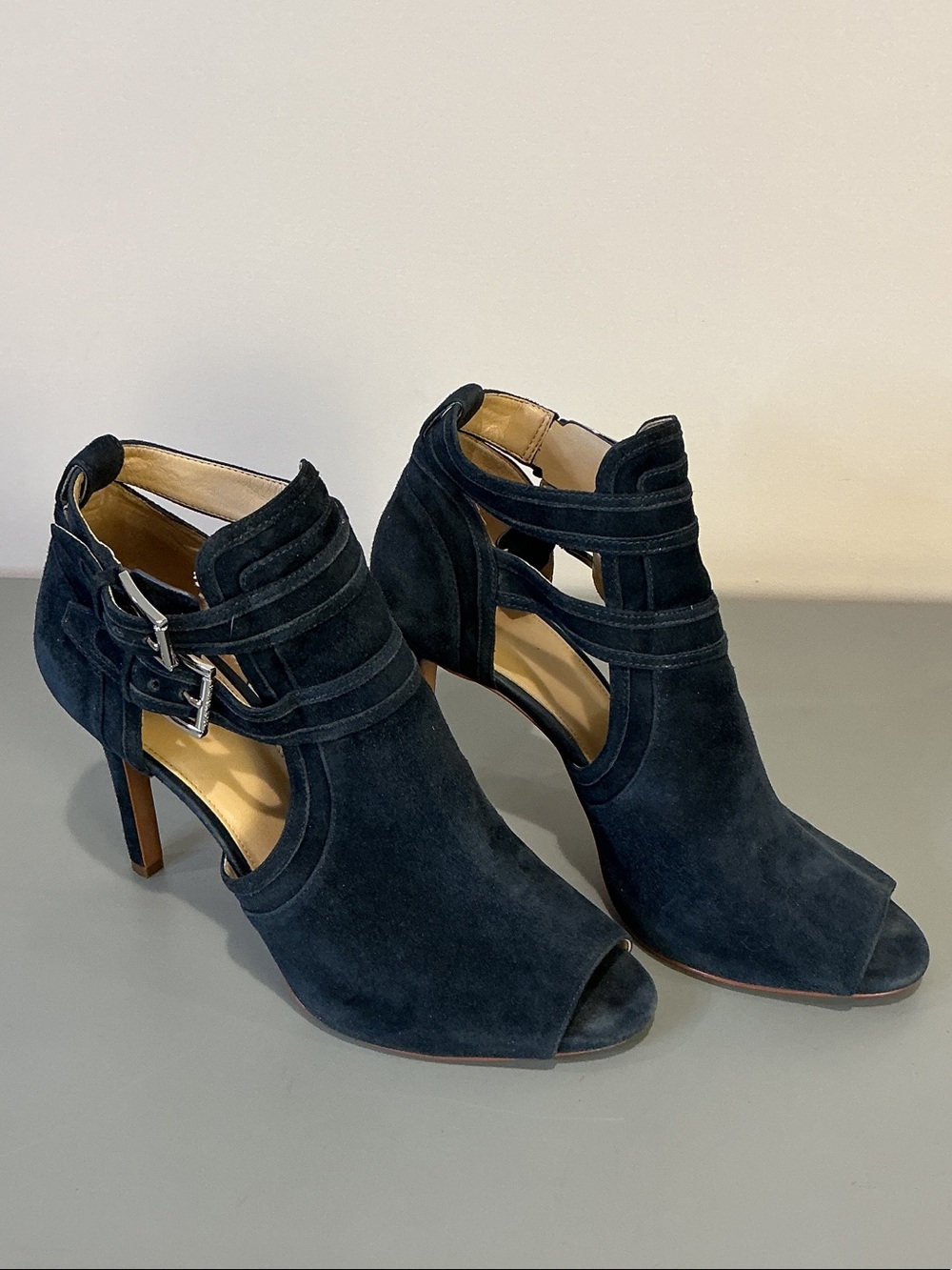 Michael Kors Blaze Blue Suede Peep-Toe Heels with Buckle Straps, size 10M